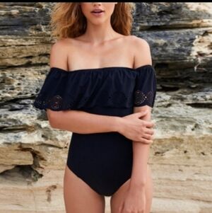 Black Ruffled Off the Shoulder 1 Piece Swimsuit